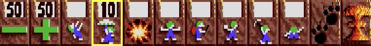 The Lemmings skills panel: release rate minus and plus buttons, then icons for climber, floater, bomber, blocker, builder, basher, miner and digger, followed by pause and the mushroom-cloud nuke button