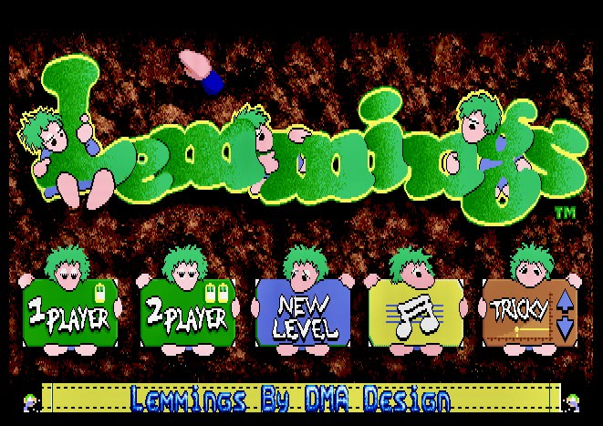 Lemmings title screen on the Amiga, with five lemmings holding up signs for 1 Player, 2 Player, New Level, music and the Tricky difficulty setting