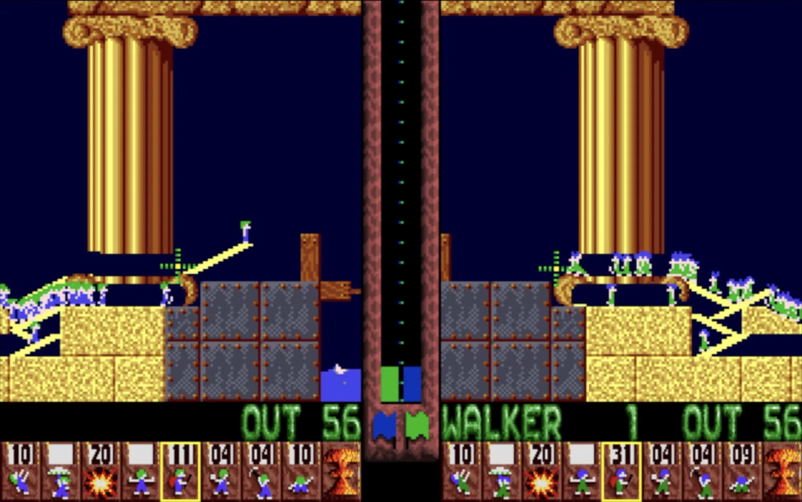 Two-player Lemmings on the Amiga, with the screen split down the middle and green and blue lemmings building bridges between golden pillars