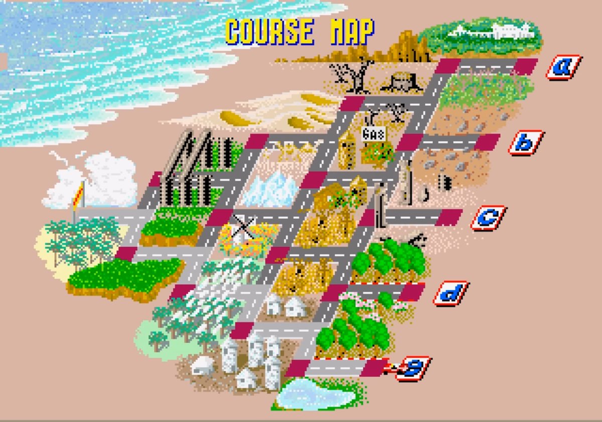 OutRun’s course map: a diagonal grid of roads running from the start flag on the left through beaches, fields, mountains, deserts and towns, branching at every stage to five finishing points on the right labelled A to E