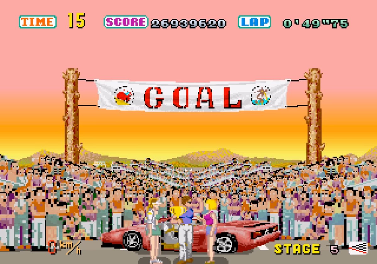 One of OutRun’s endings: the red Ferrari parked under a Goal banner in front of a huge crowd at sunset, while the driver is presented with a trophy