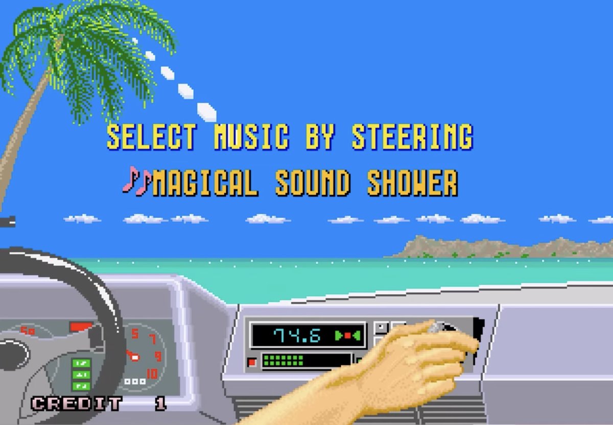 OutRun's music selection screen: the view from the driver's seat over the dashboard to the sea, a hand tuning the car radio to 74.6, and the words Select music by steering above Magical Sound Shower