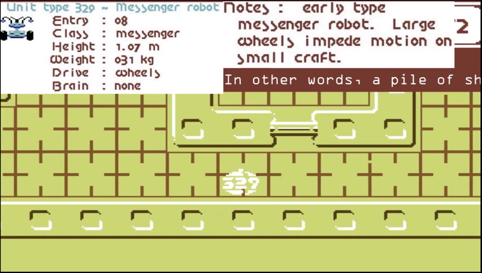 Paradroid console screen on the Commodore 64 showing the stats for unit type 329, a messenger robot with wheels and no brain