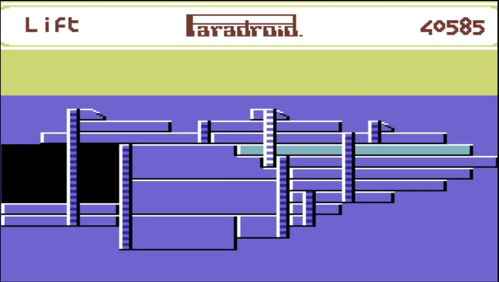 Paradroid lift screen on the Commodore 64, showing a side-on cutaway of the ship’s decks and lift shafts on a purple background