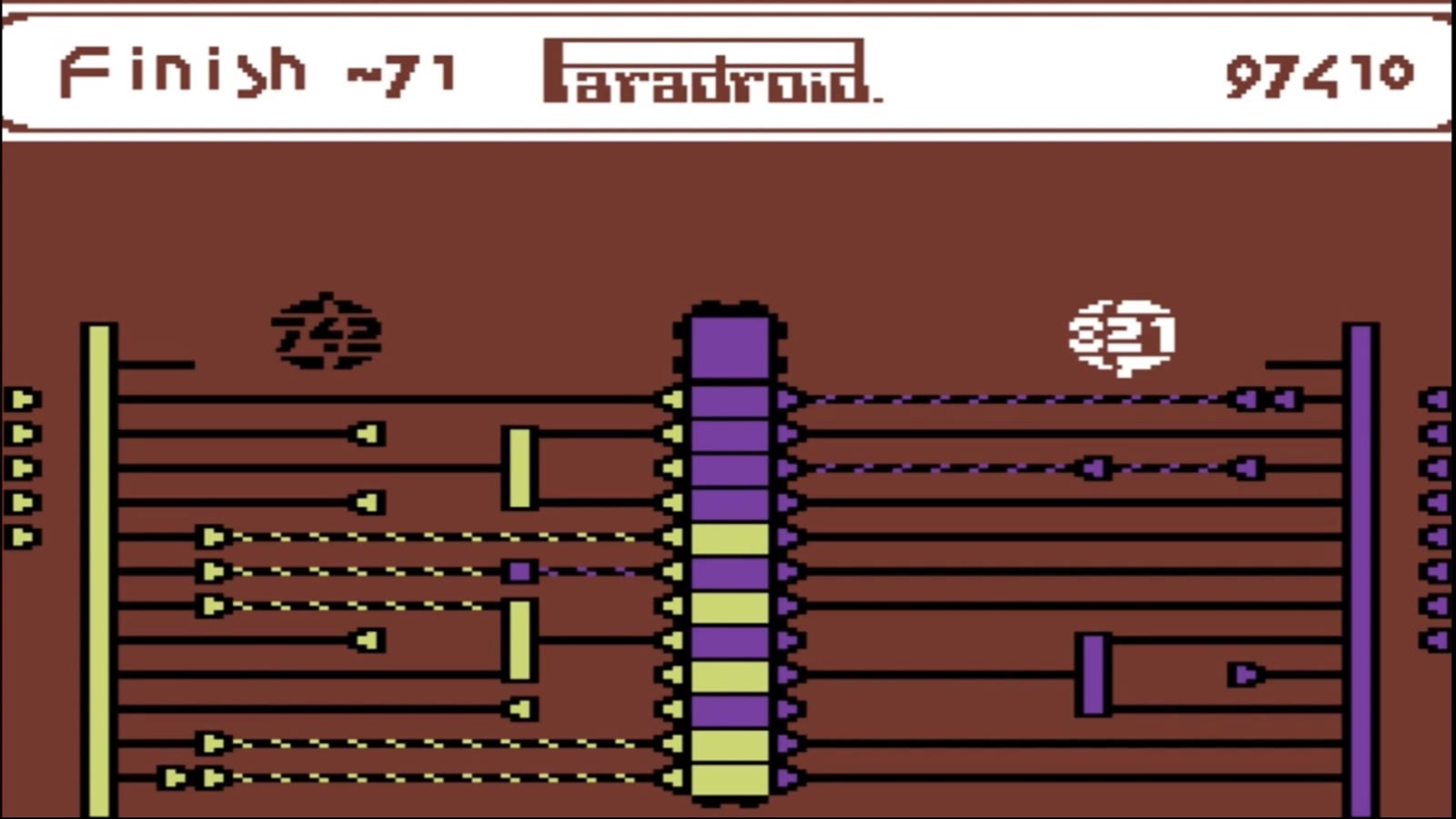 Paradroid transfer game on the Commodore 64: droids 743 and 821 on either side of a circuit board, competing to colour the central column yellow or purple